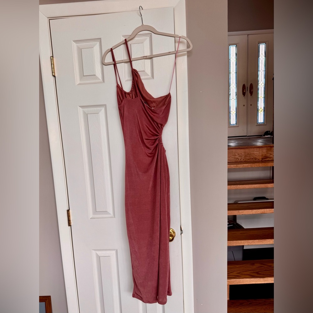 Pink Asymmetrical Ruched Cocktail Dress - Picture 2 of 3